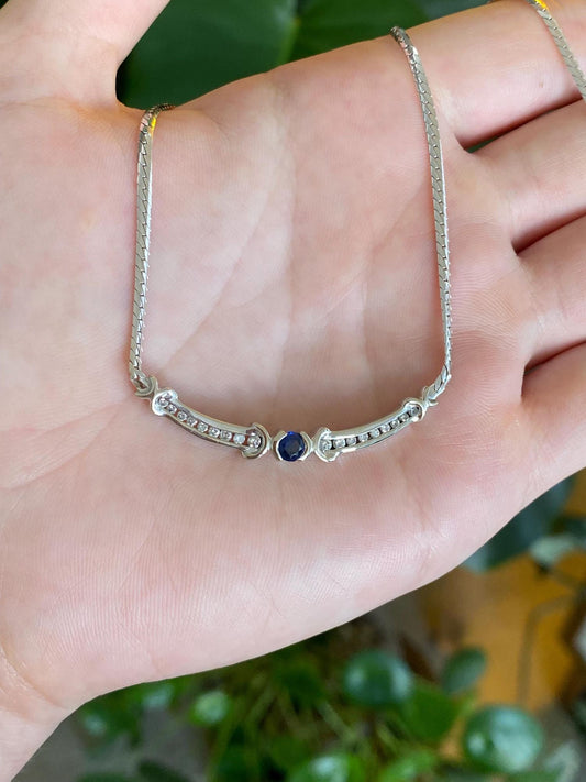Vintage Solid 14k White Gold Blue Sapphire Diamonds Flat Chain Necklace - 17.5 inches