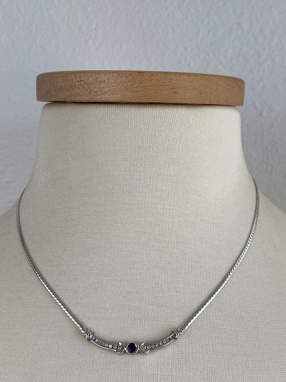 Vintage Solid 14k White Gold Blue Sapphire Diamonds Flat Chain Necklace - 17.5 inches