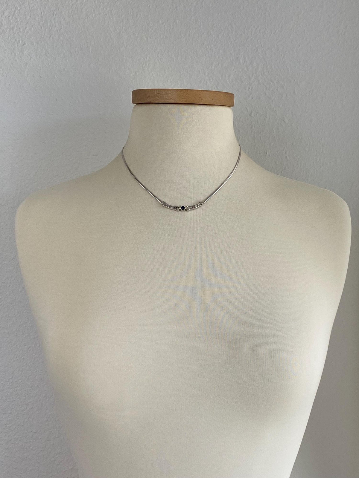 Vintage Solid 14k White Gold Blue Sapphire Diamonds Flat Chain Necklace - 17.5 inches