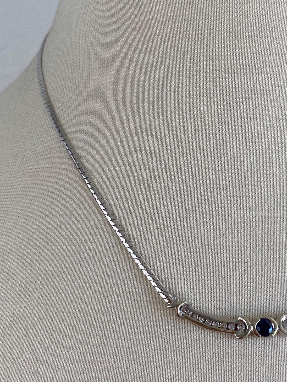 Vintage Solid 14k White Gold Blue Sapphire Diamonds Flat Chain Necklace - 17.5 inches