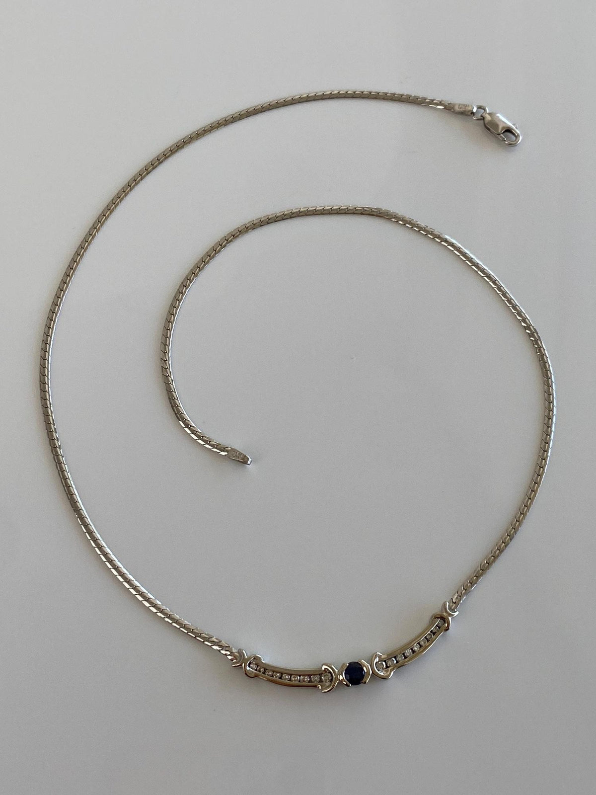 Vintage Solid 14k White Gold Blue Sapphire Diamonds Flat Chain Necklace - 17.5 inches