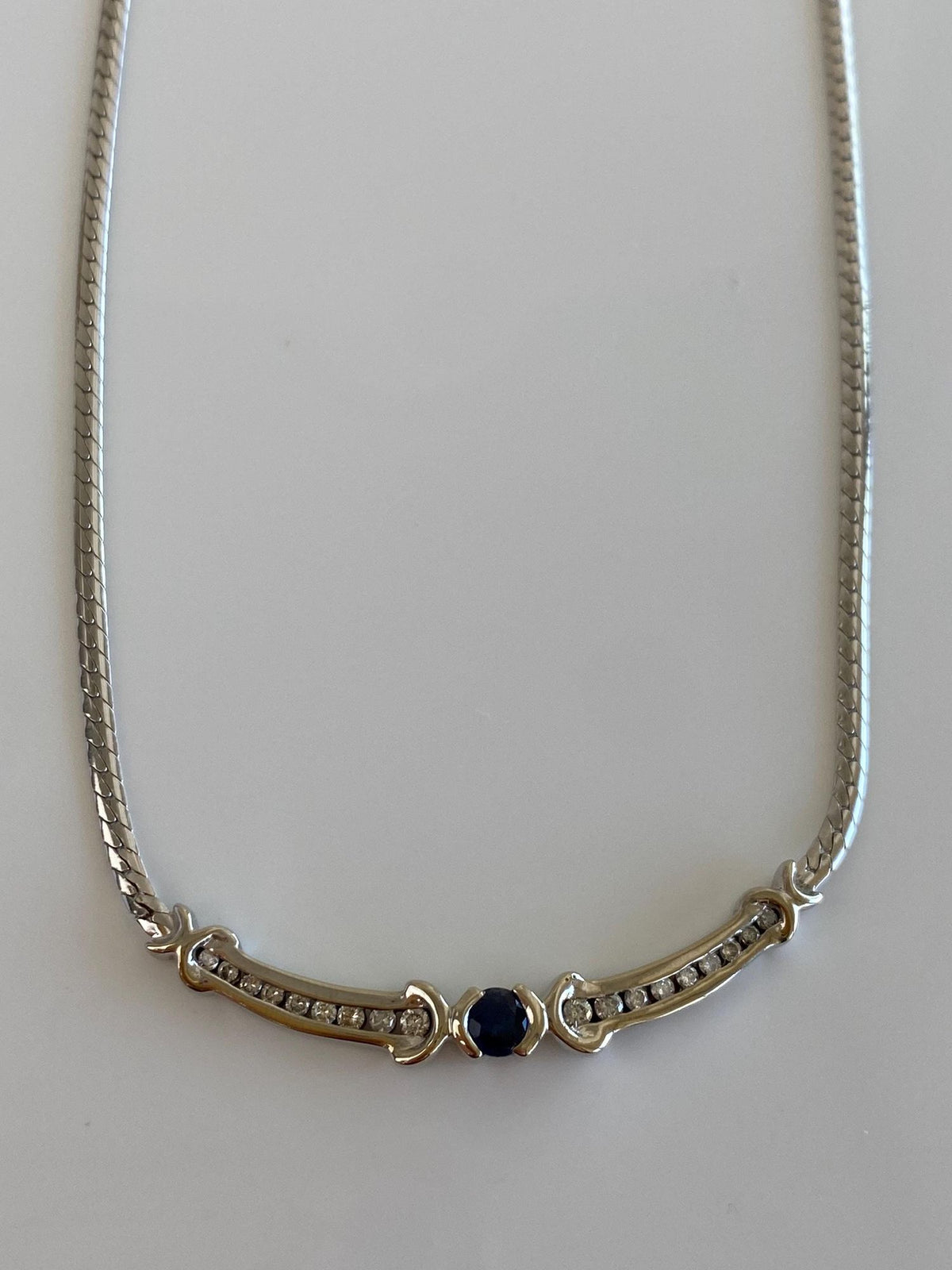 Vintage Solid 14k White Gold Blue Sapphire Diamonds Flat Chain Necklace - 17.5 inches