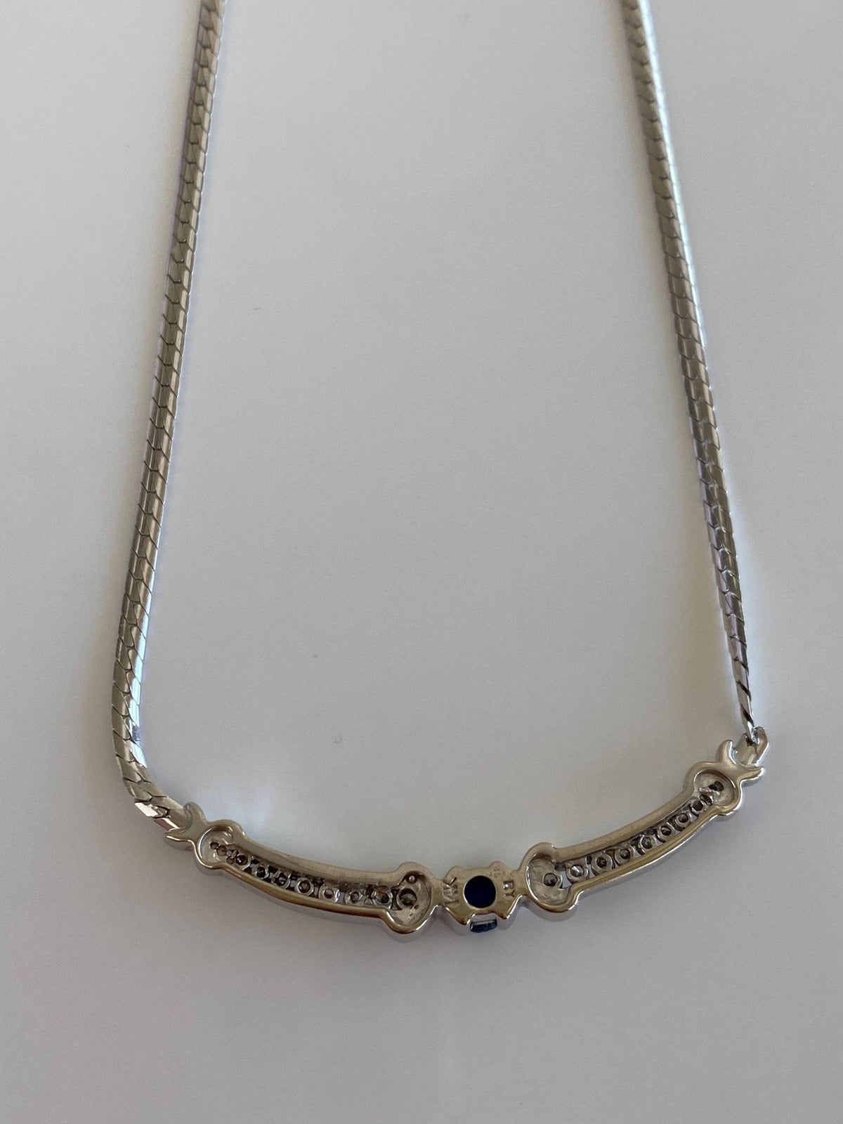 Vintage Solid 14k White Gold Blue Sapphire Diamonds Flat Chain Necklace - 17.5 inches