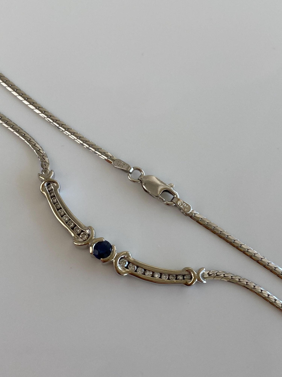 Vintage Solid 14k White Gold Blue Sapphire Diamonds Flat Chain Necklace - 17.5 inches