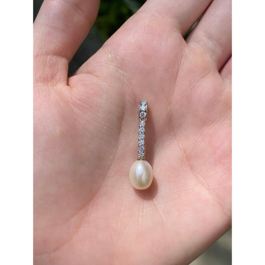 Vintage Solid 14k White Gold Diamond Pearl Charm