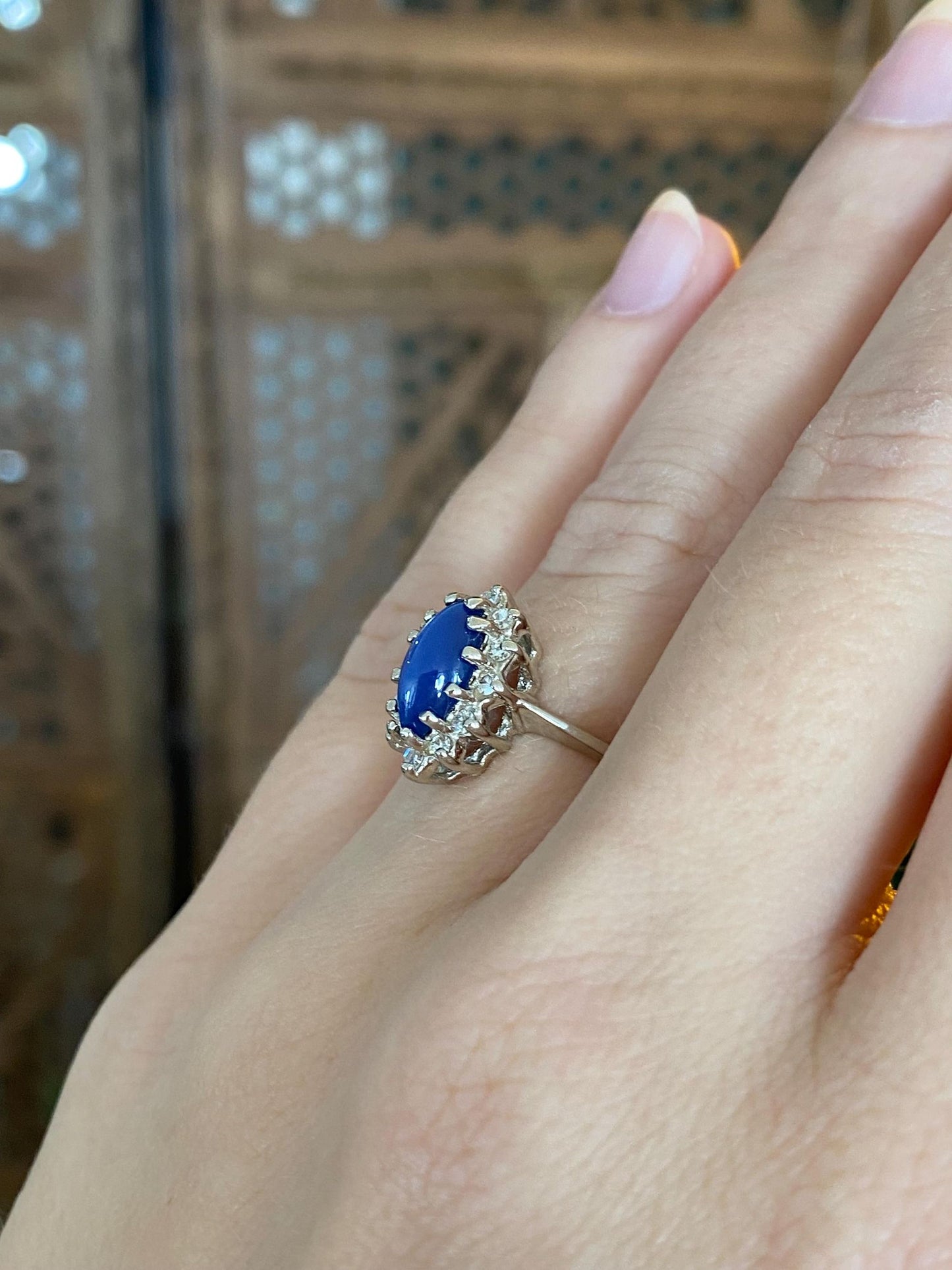 Vintage Solid 14k White Gold Clear Sapphire Halo Blue Star Sapphire Ring - Size 5.25