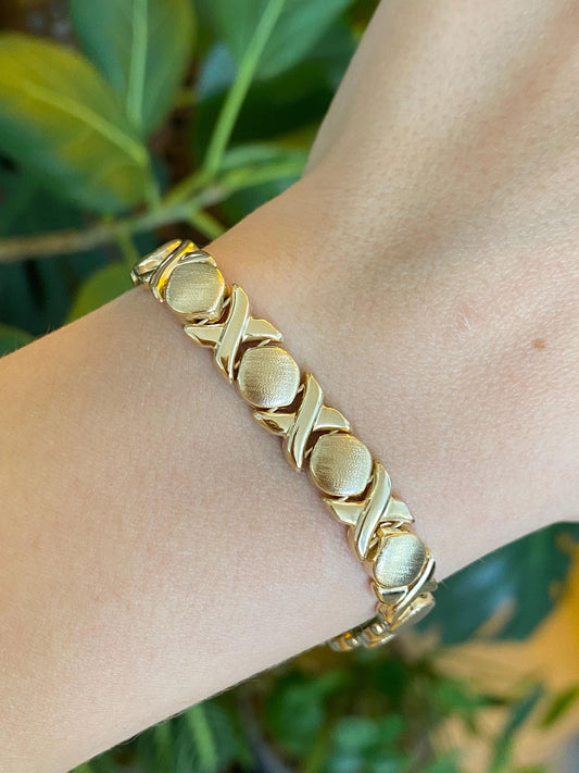 Vintage Solid 14k Yellow Gold Satin Shiny XO Link Bracelet - 7 inches