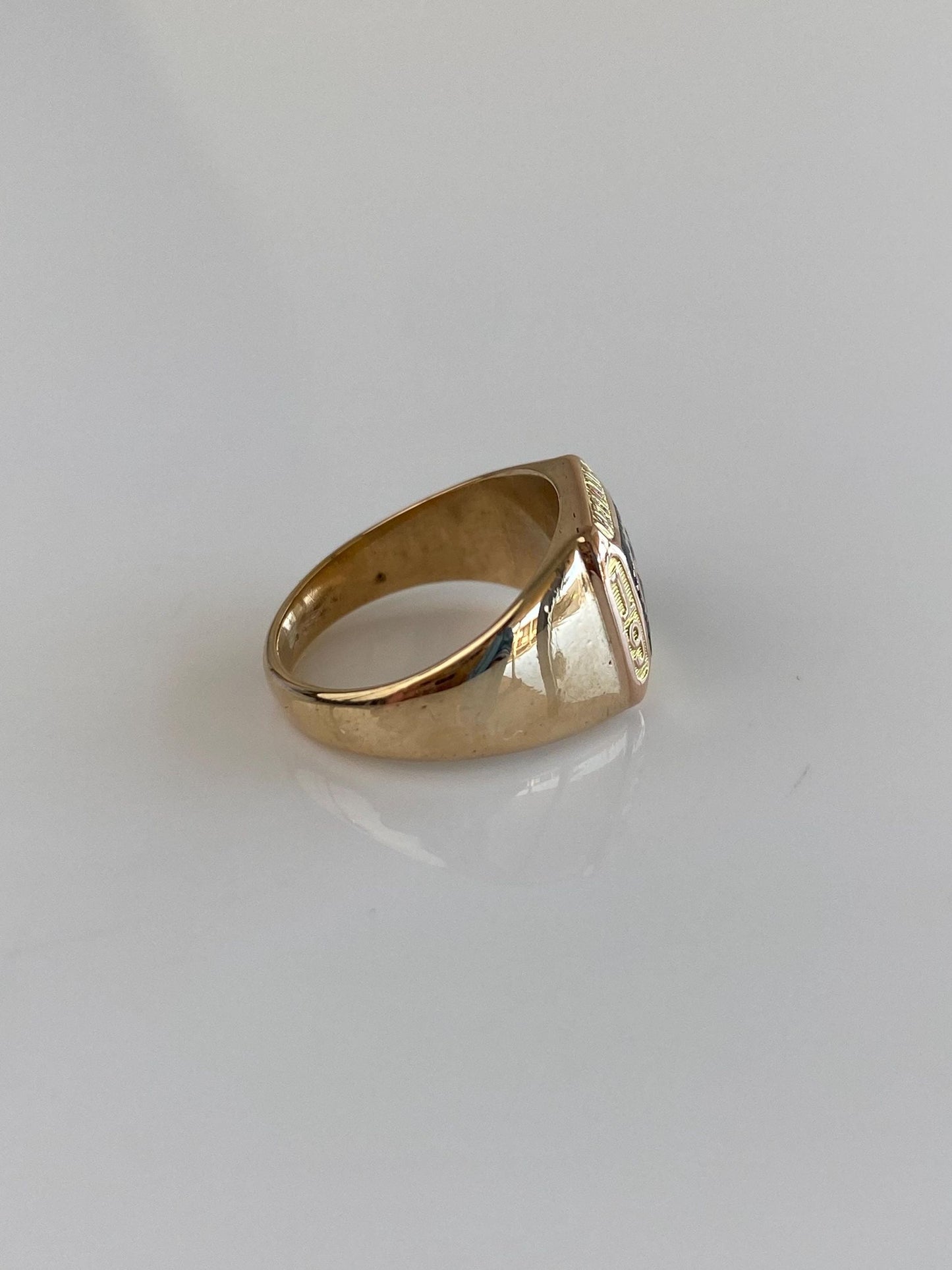 Vintage Solid 10k Yellow Gold Black Enamel Mechanical Arts 1925 Signet Ring - Size 2.25