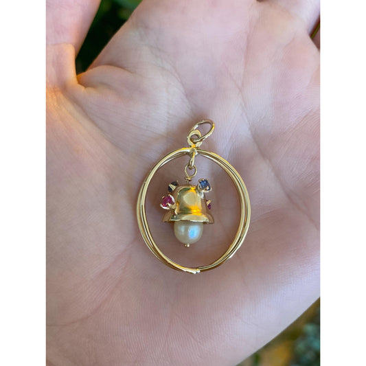 Vintage Solid 14k Yellow Gold Blue & Pink Spinel Pearl Articulated Bell Charm
