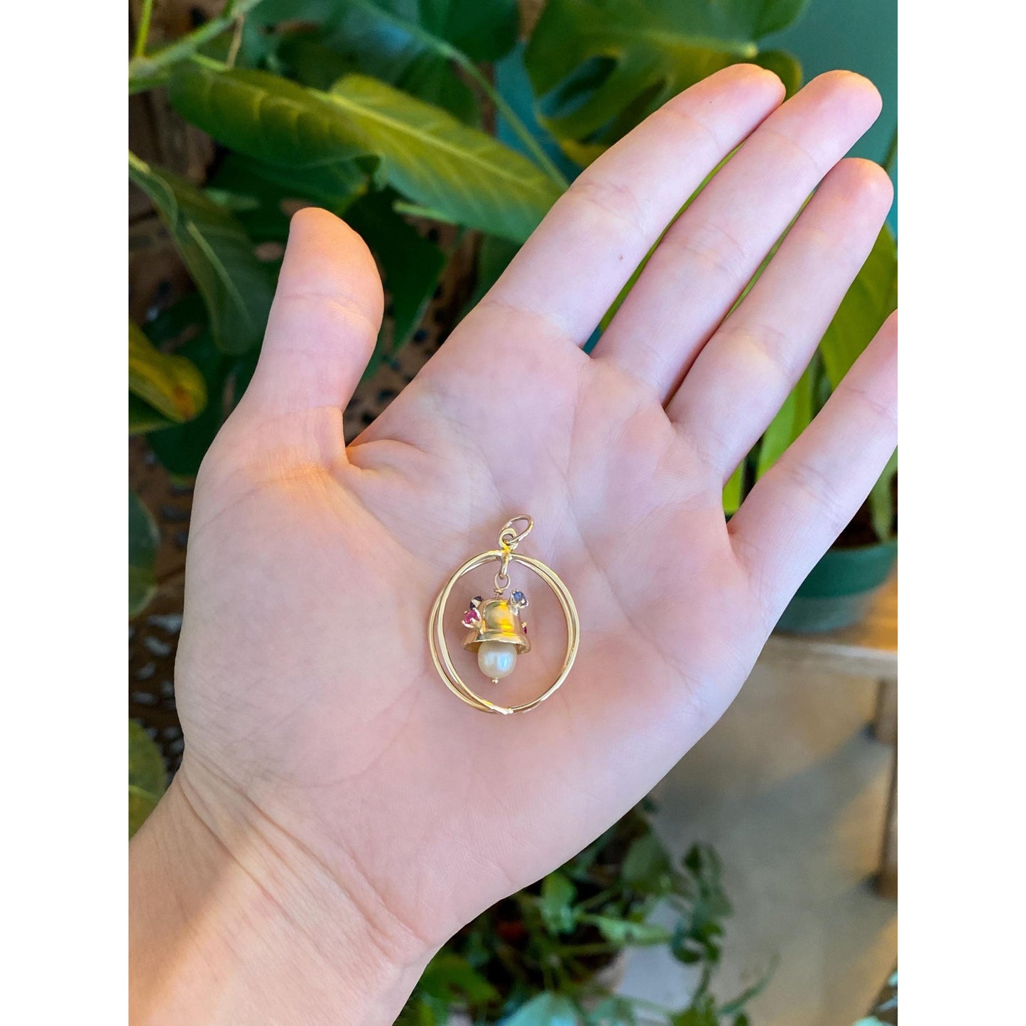 Vintage Solid 14k Yellow Gold Blue & Pink Spinel Pearl Articulated Bell Charm