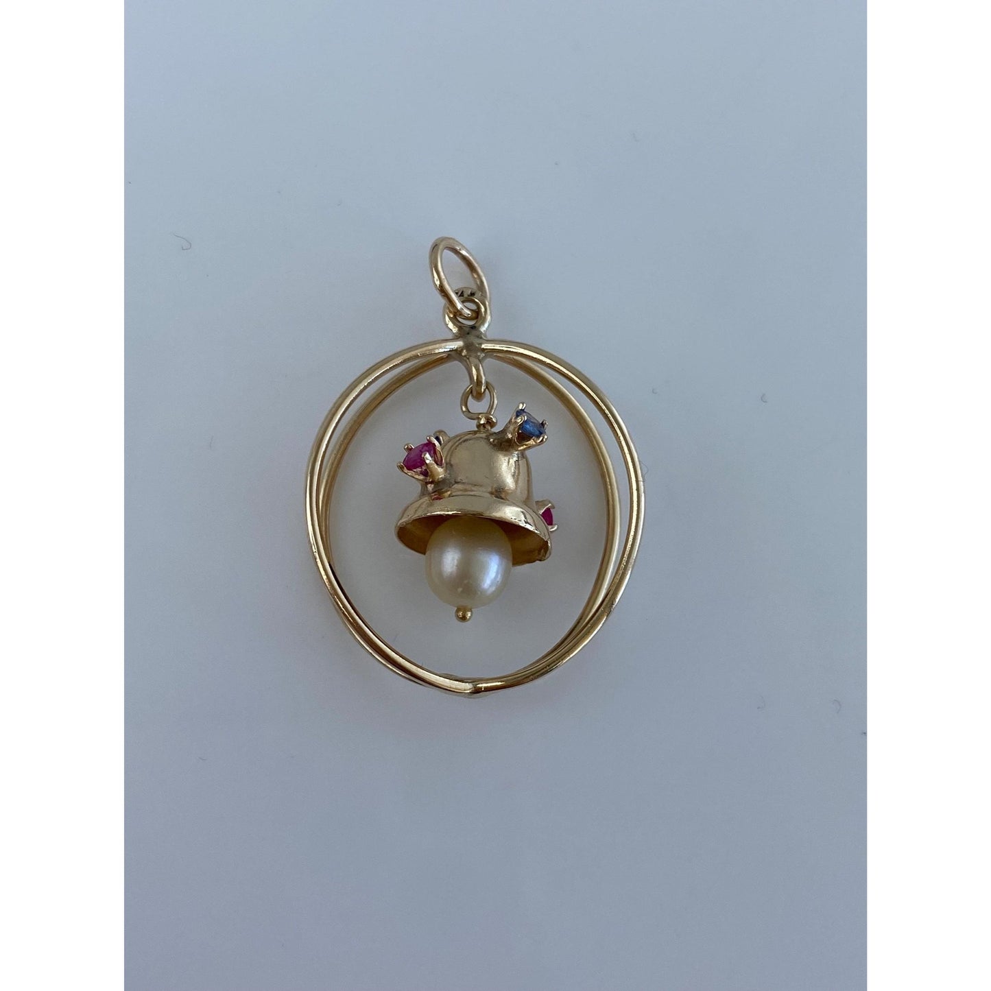 Vintage Solid 14k Yellow Gold Blue & Pink Spinel Pearl Articulated Bell Charm