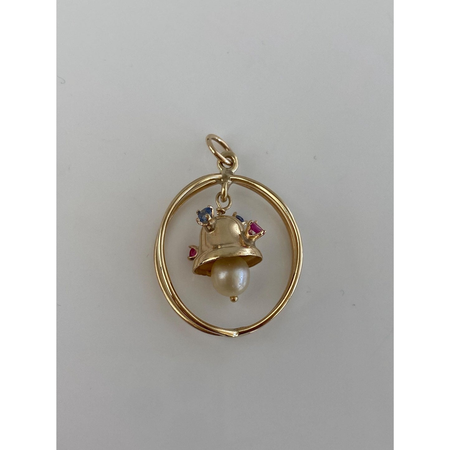 Vintage Solid 14k Yellow Gold Blue & Pink Spinel Pearl Articulated Bell Charm