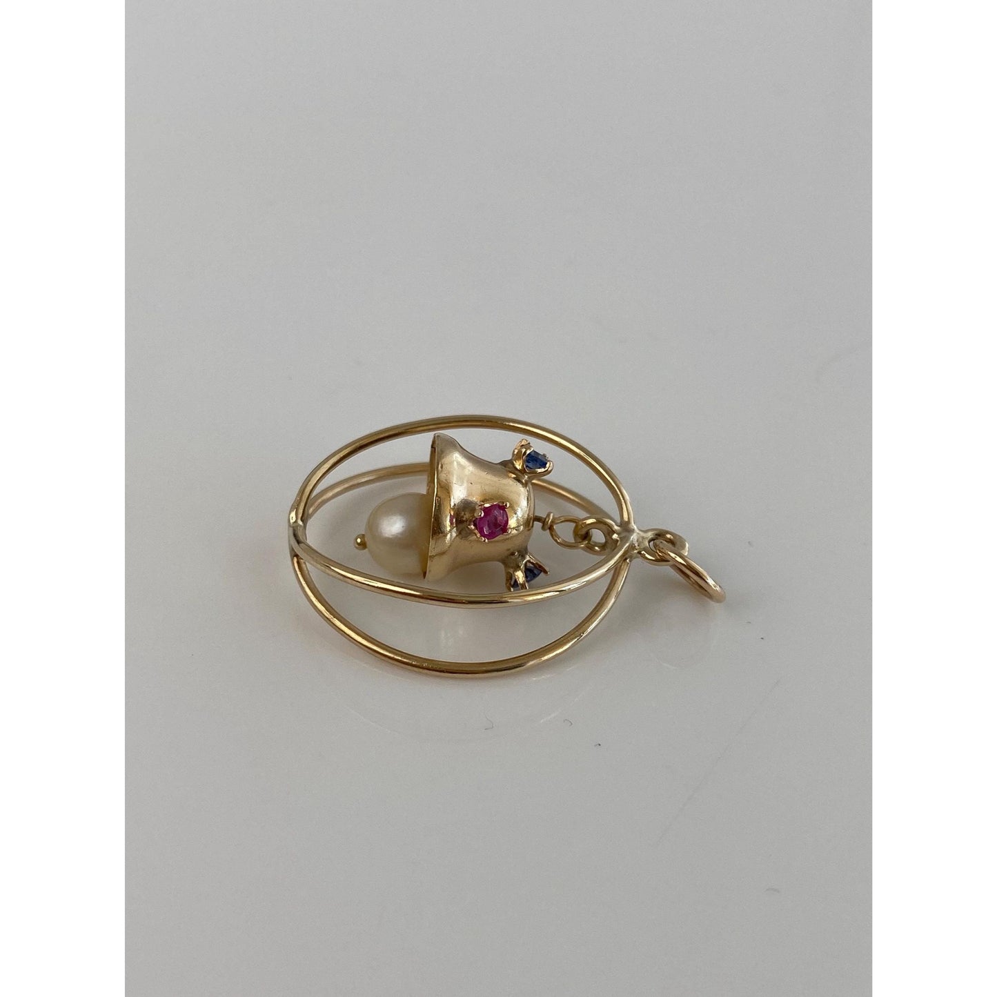 Vintage Solid 14k Yellow Gold Blue & Pink Spinel Pearl Articulated Bell Charm
