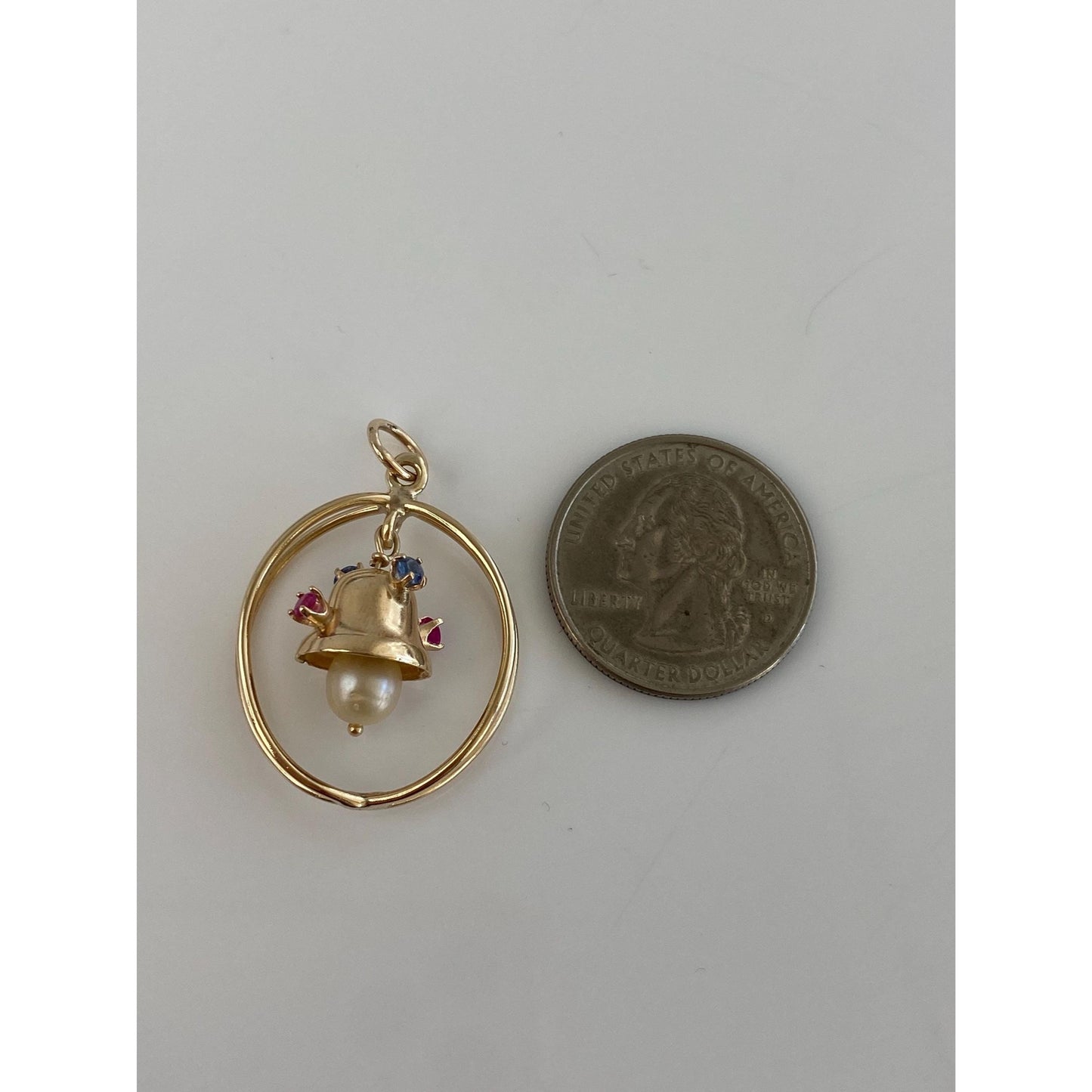 Vintage Solid 14k Yellow Gold Blue & Pink Spinel Pearl Articulated Bell Charm