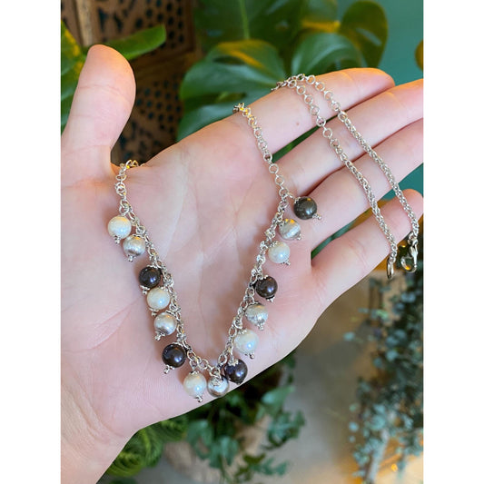 Solid 14k White Gold Colored Pearls Diamond Cut Link Cable Necklace - 20.5 inches