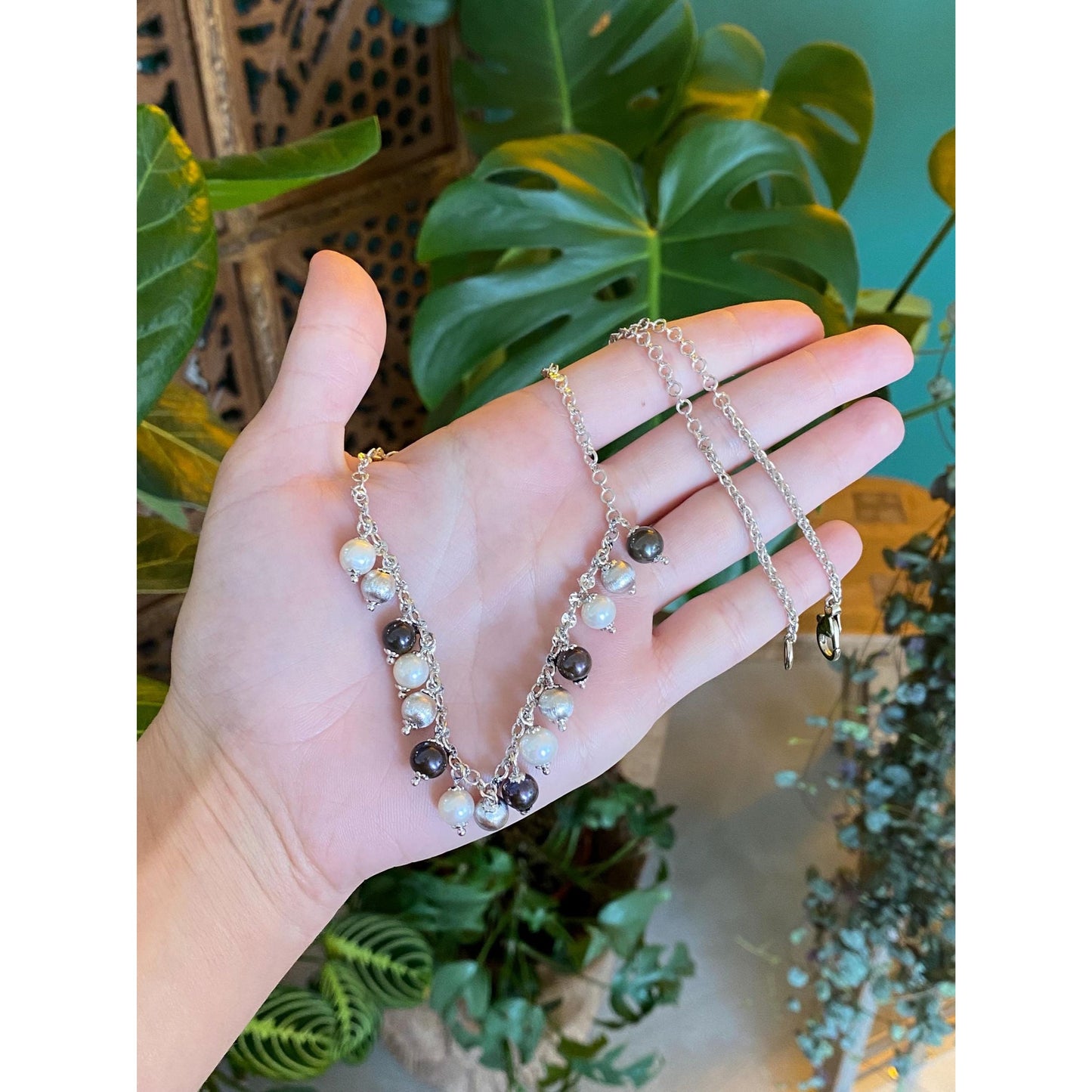 Solid 14k White Gold Colored Pearls Diamond Cut Link Cable Necklace - 20.5 inches