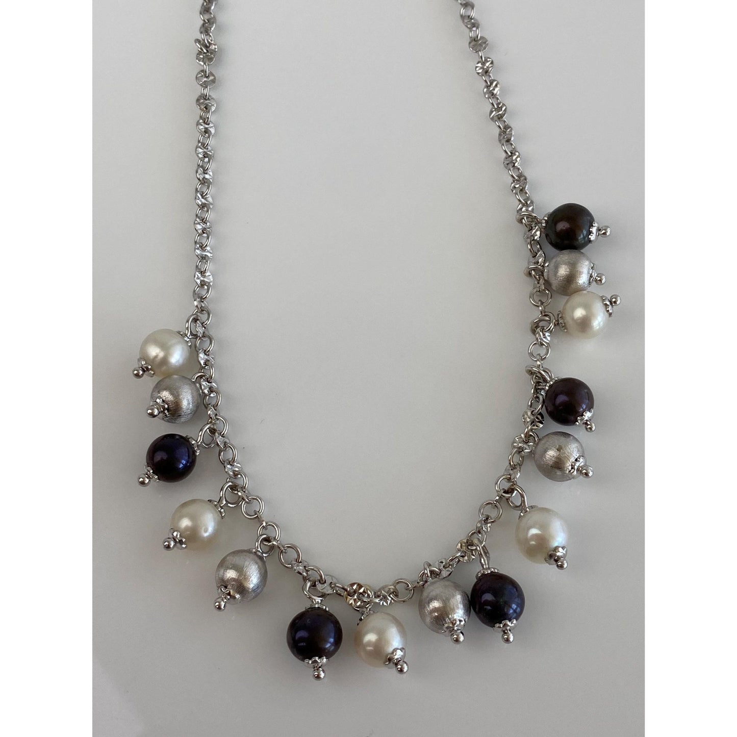 Solid 14k White Gold Colored Pearls Diamond Cut Link Cable Necklace - 20.5 inches