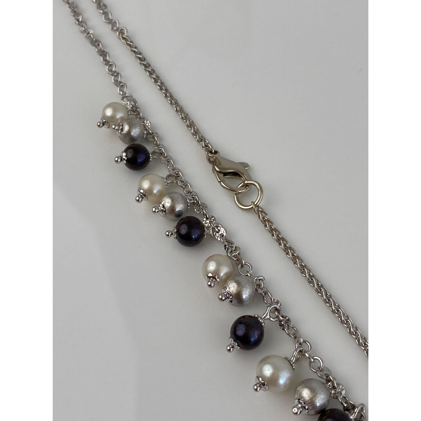 Solid 14k White Gold Colored Pearls Diamond Cut Link Cable Necklace - 20.5 inches