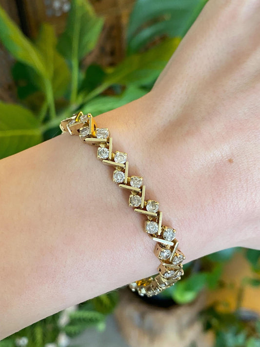 Vintage Solid 14k Yellow Gold Diamond Fancy Link Bracelet - 7.25 inches