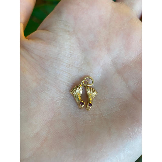 Vintage Solid 14k Yellow Gold Pink Spinel Feet Charm