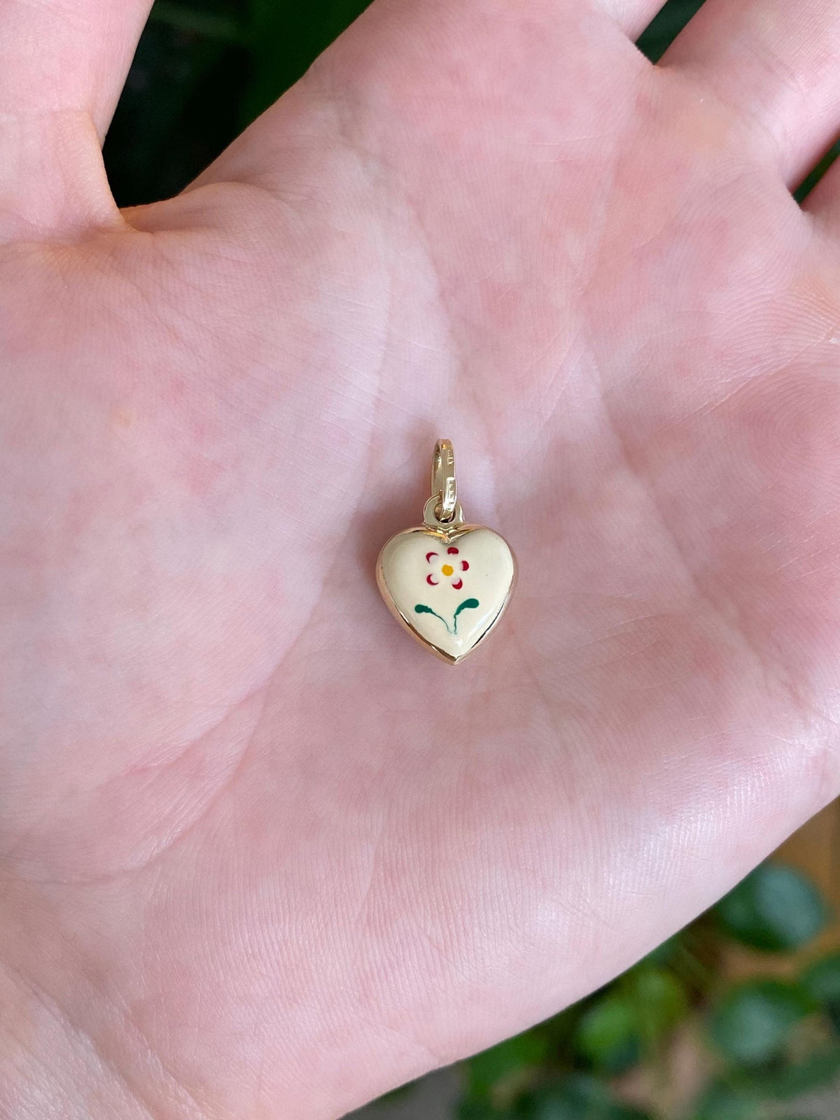 Vintage 14k Yellow Gold Enamel Floral Puffy Heart Charm