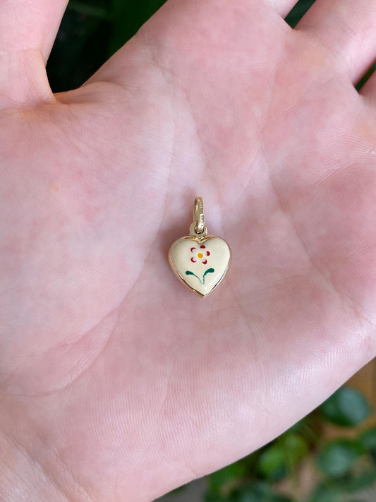 Vintage 14k Yellow Gold Enamel Floral Puffy Heart Charm