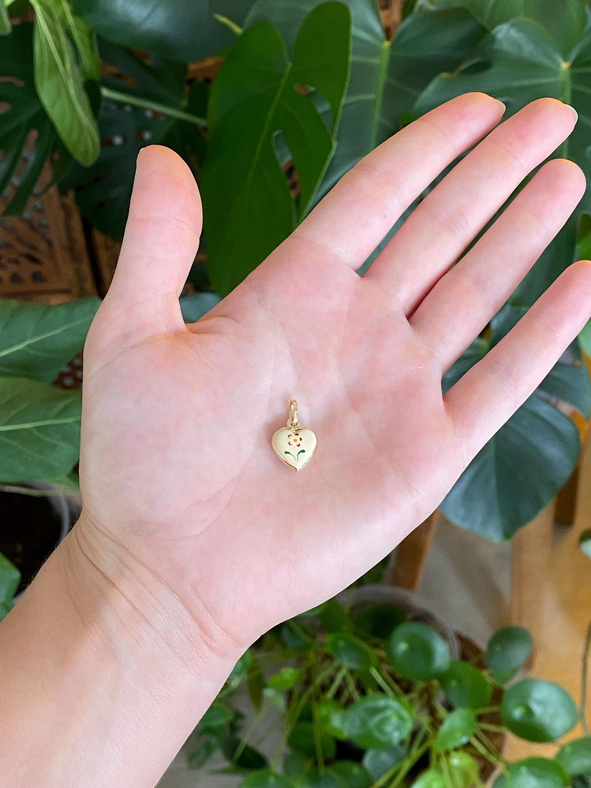Vintage 14k Yellow Gold Enamel Floral Puffy Heart Charm
