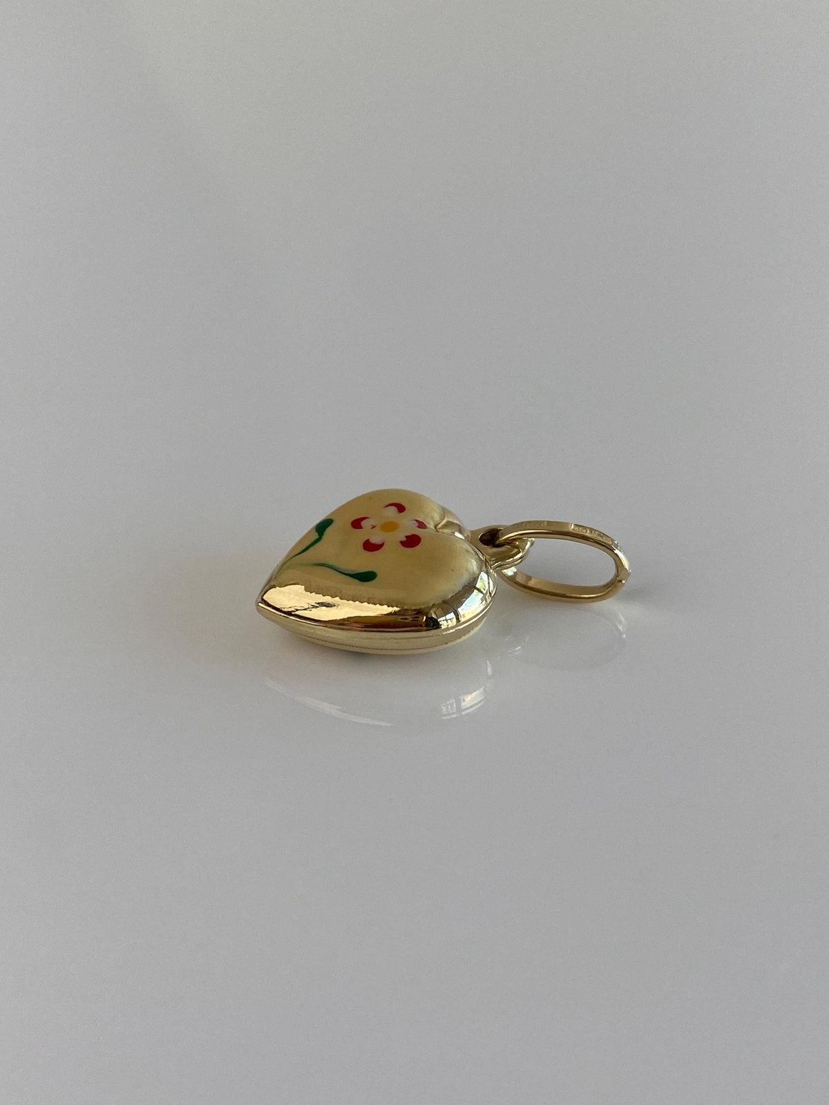 Vintage 14k Yellow Gold Enamel Floral Puffy Heart Charm