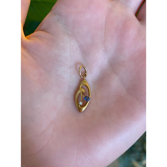 Vintage Solid 10k Yellow Gold Blue Sapphire Seed Pearl Stick Pin Conversion Charm