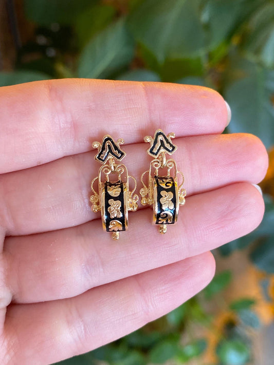 Vintage Solid 14k Yellow Gold Enamel Design Dangle Stud Earrings