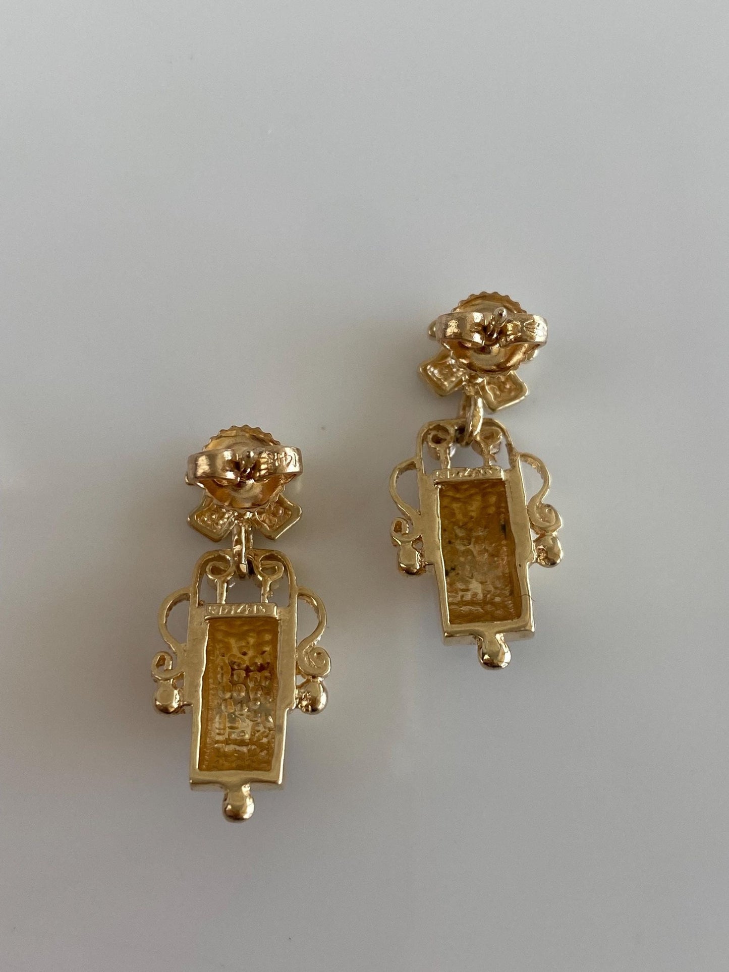 Vintage Solid 14k Yellow Gold Enamel Design Dangle Stud Earrings