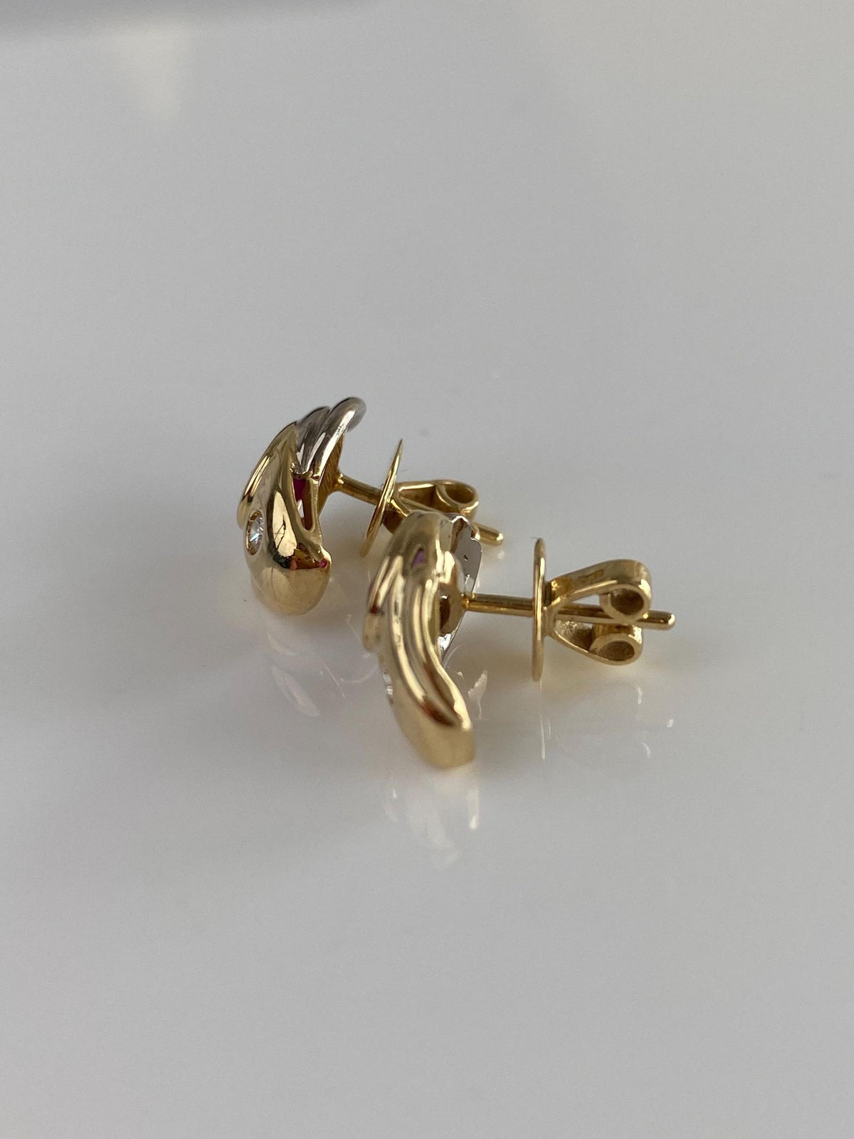 Vintage Solid 18k White & Yellow Gold Ruby Diamond Drop Earrings