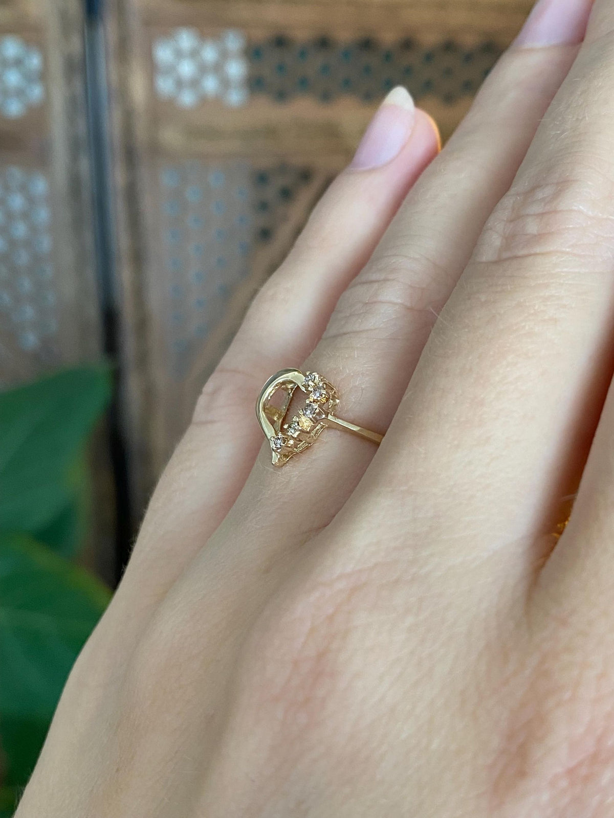 Vintage Solid 14k Yellow Gold Champagne Diamond Heart Ring - Size 5.75
