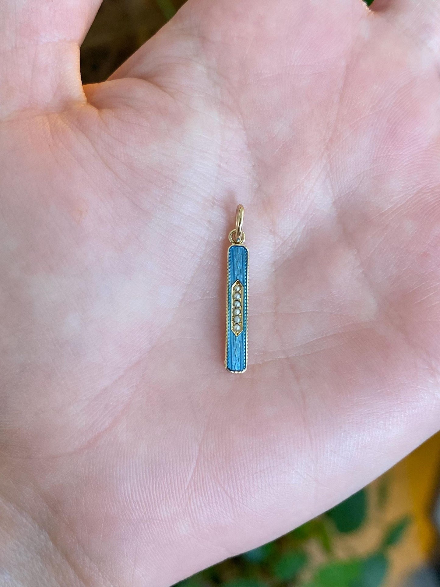 Vintage 14k Yellow Gold Blue Enamel Pearls Bar Charm