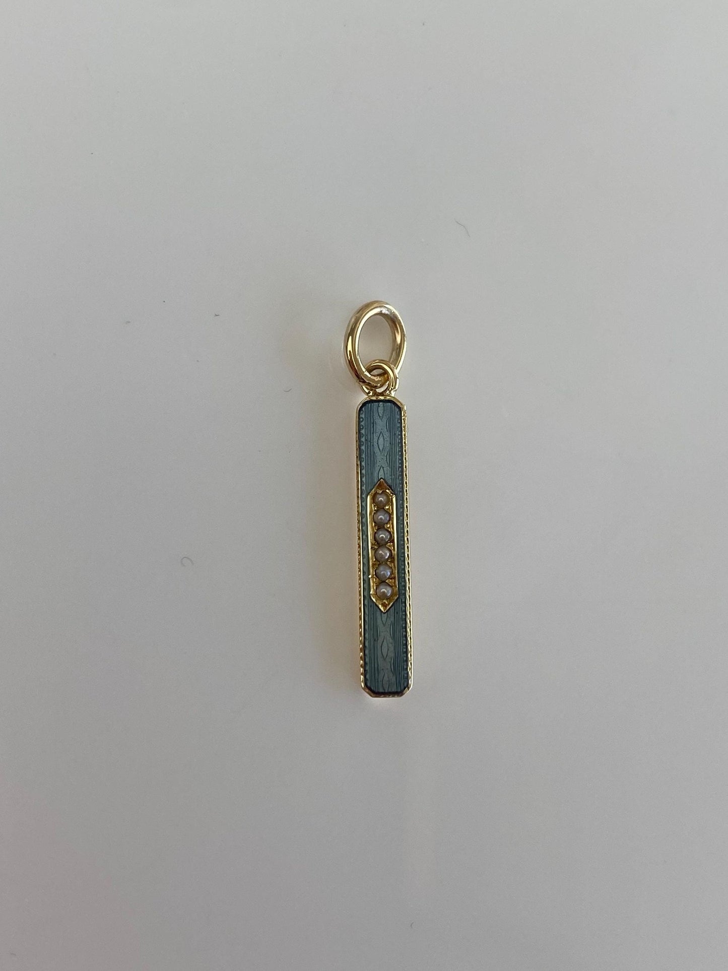 Vintage 14k Yellow Gold Blue Enamel Pearls Bar Charm