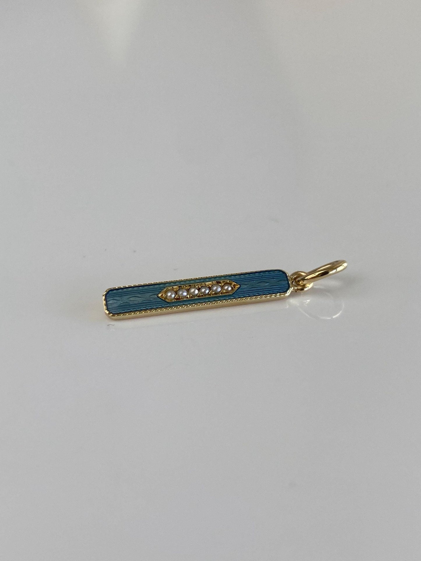 Vintage 14k Yellow Gold Blue Enamel Pearls Bar Charm