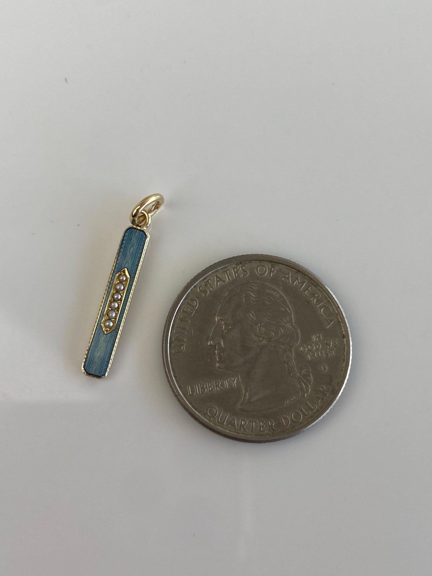 Vintage 14k Yellow Gold Blue Enamel Pearls Bar Charm
