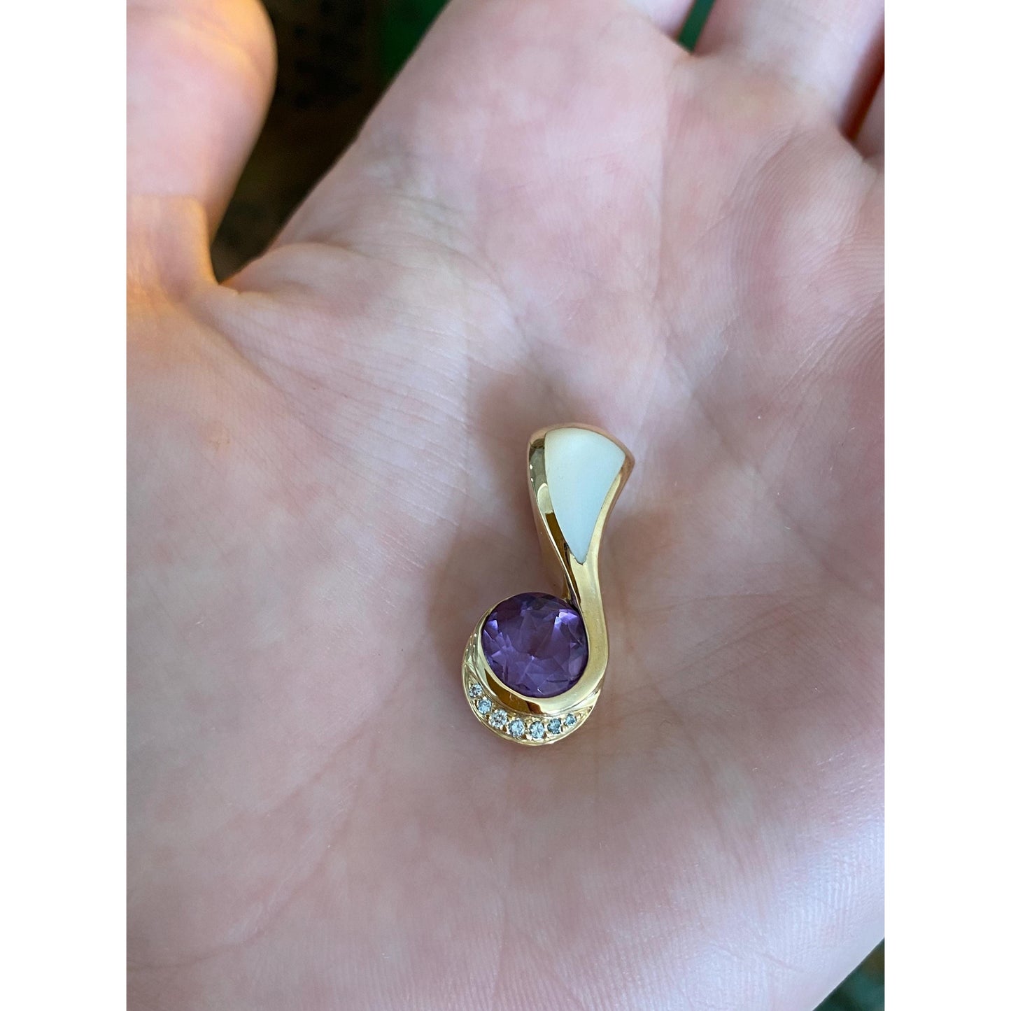 Vintage Solid 14k Yellow Gold Amethyst Diamond Mother of Pearl Charm