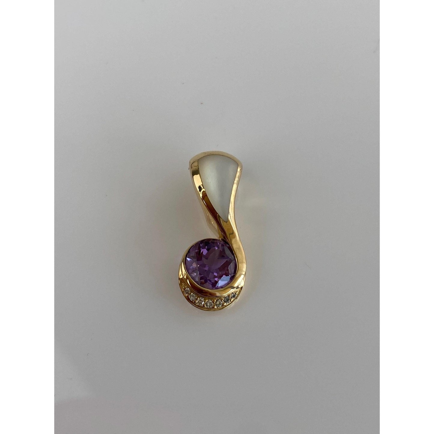 Vintage Solid 14k Yellow Gold Amethyst Diamond Mother of Pearl Charm