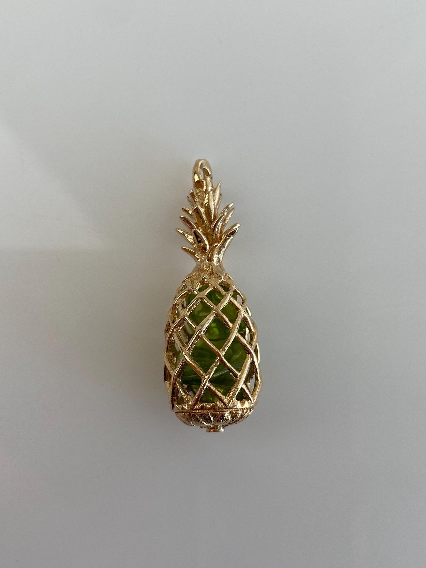 Vintage Solid 14k Yellow Gold Peridot Open Work Pineapple Shaker Charm