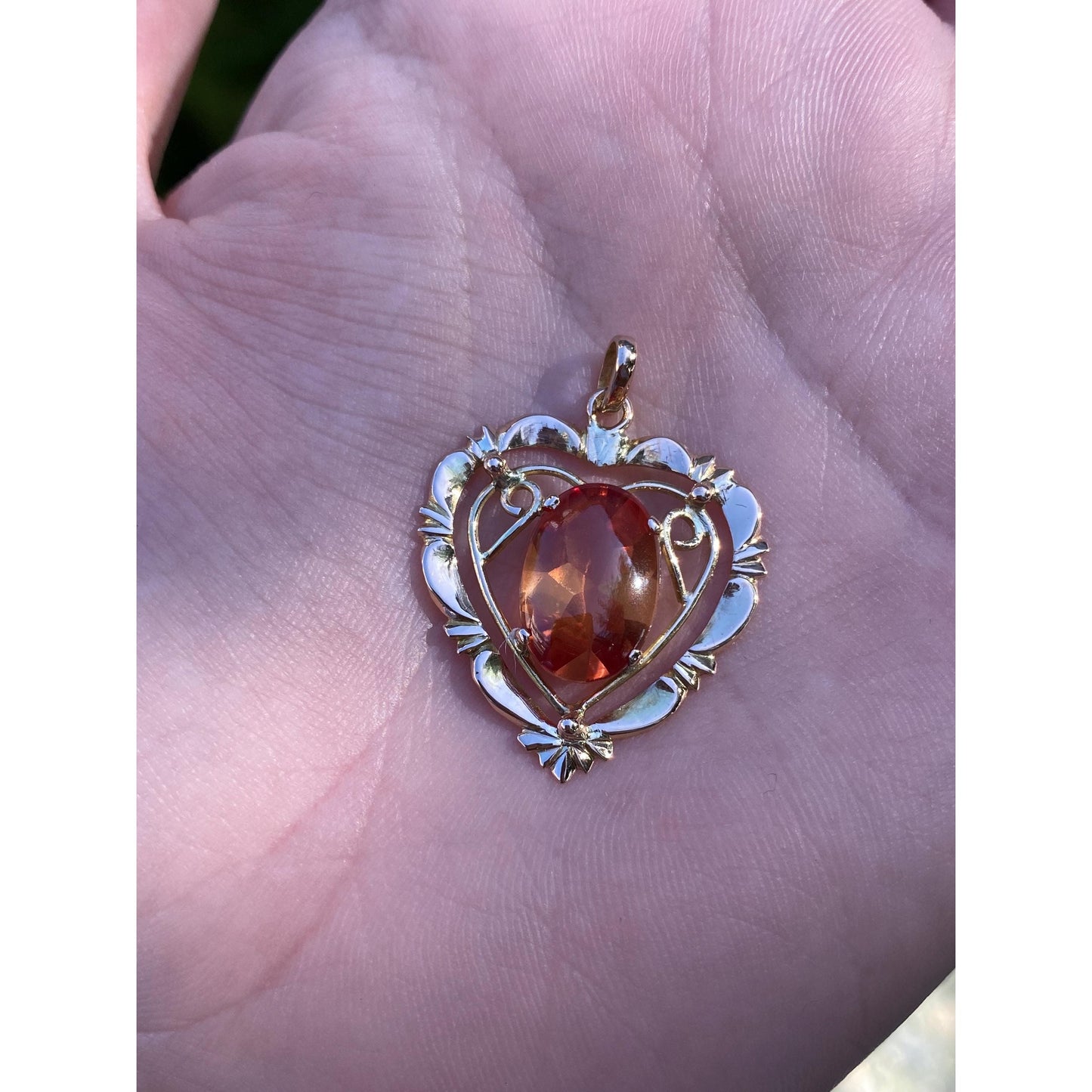 Vintage Solid 14k Yellow Gold Orange Sapphire Heart Charm
