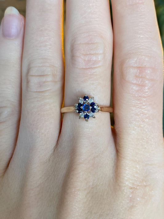 Vintage Solid 14k Yellow Gold Diamond Blue Sapphire Flower Ring - Size 6.25