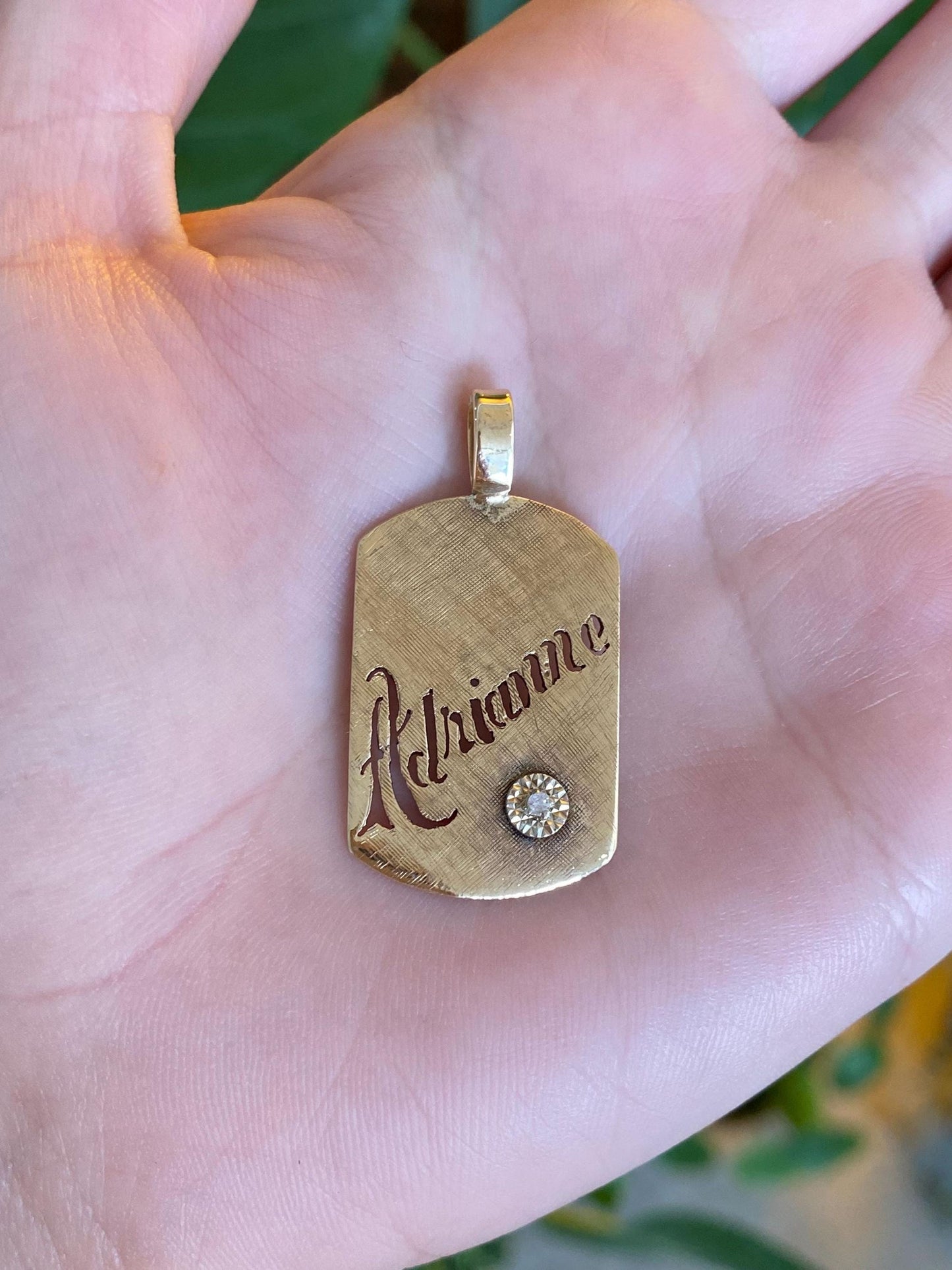 Vintage Solid 14k Yellow Gold Diamond Crosshatch 'Adrianne' Name Tag Charm