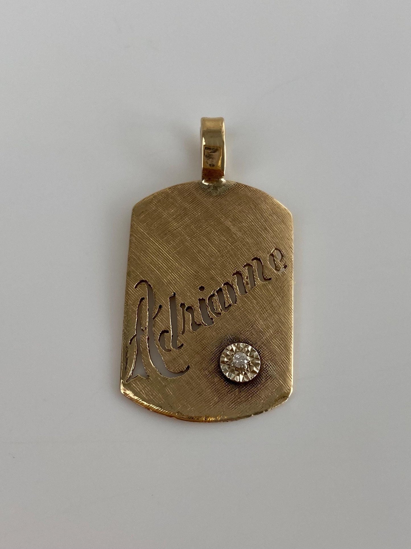 Vintage Solid 14k Yellow Gold Diamond Crosshatch 'Adrianne' Name Tag Charm