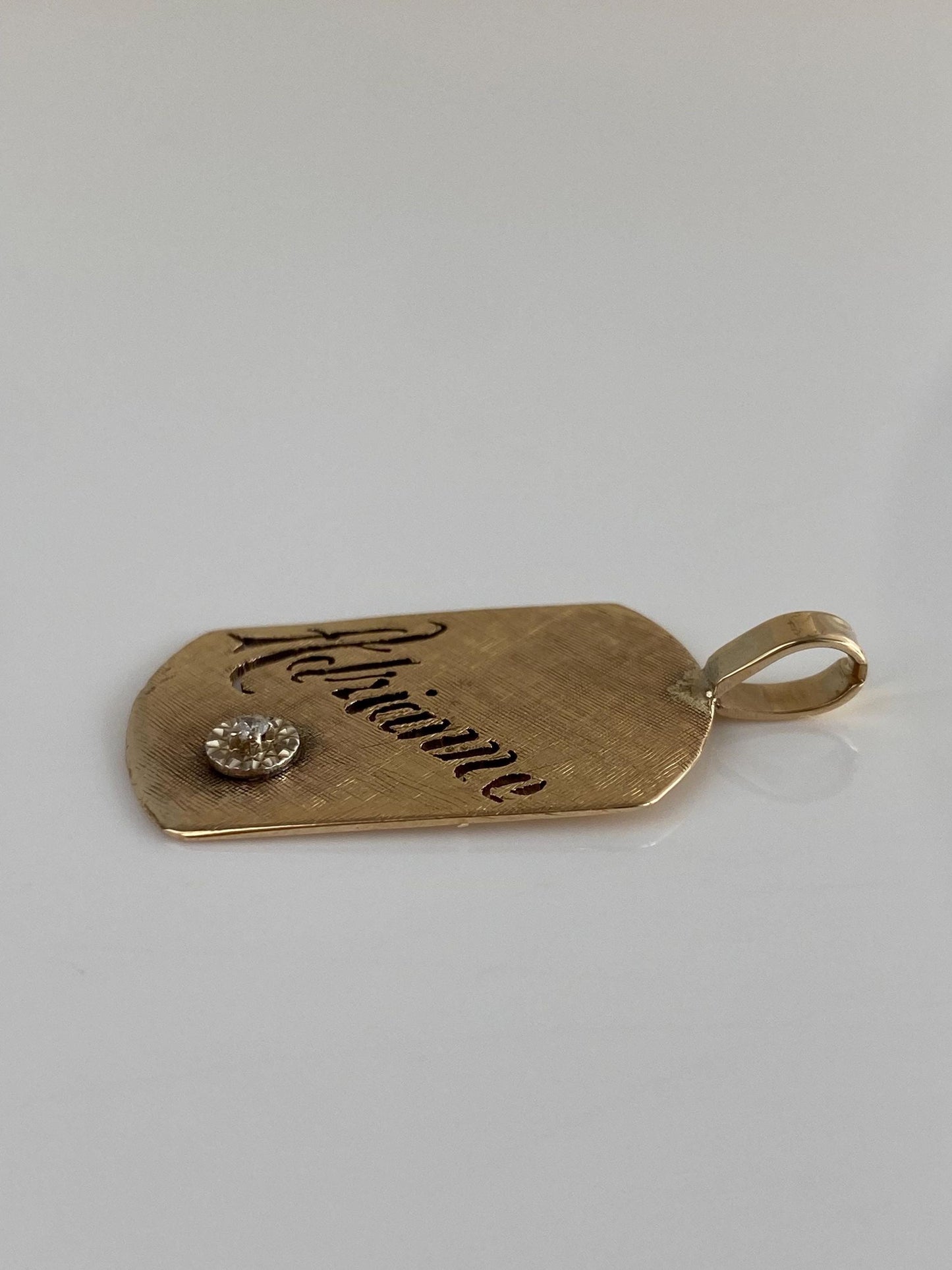 Vintage Solid 14k Yellow Gold Diamond Crosshatch 'Adrianne' Name Tag Charm