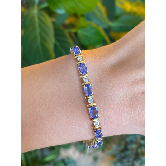 Vintage Solid 18k White & Yellow Gold Diamond Tanzanite Link Bracelet - 7 inches