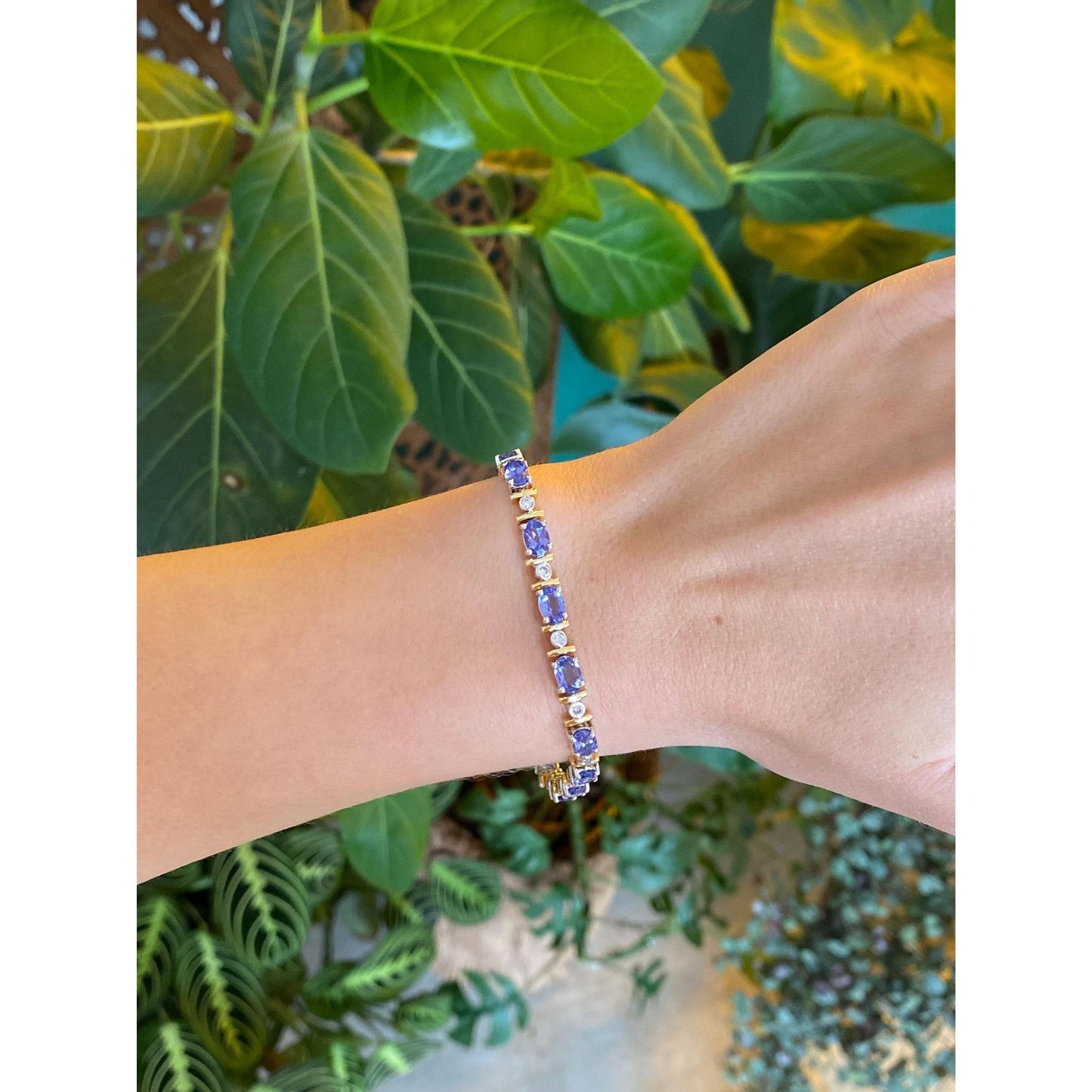 Vintage Solid 18k White & Yellow Gold Diamond Tanzanite Link Bracelet - 7 inches