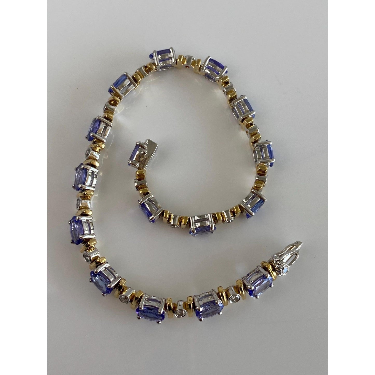 Vintage Solid 18k White & Yellow Gold Diamond Tanzanite Link Bracelet - 7 inches