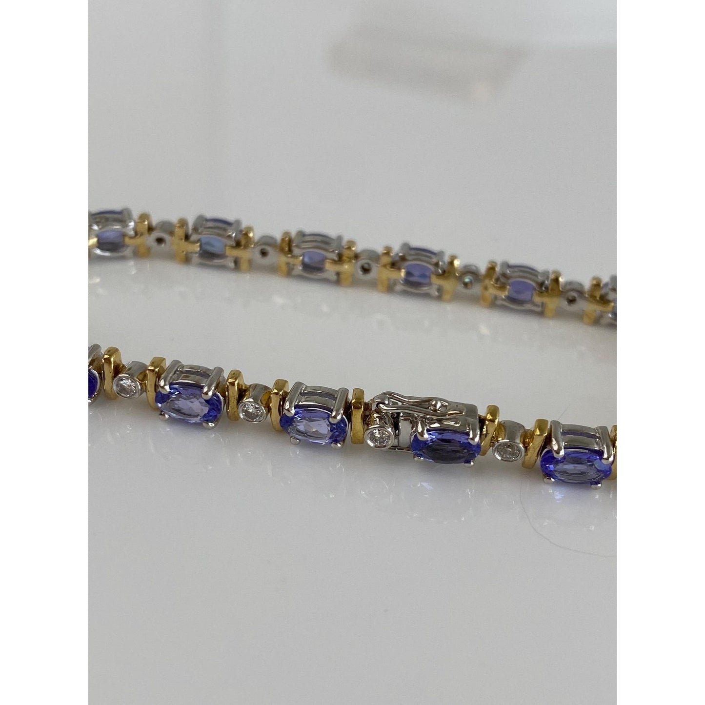 Vintage Solid 18k White & Yellow Gold Diamond Tanzanite Link Bracelet - 7 inches