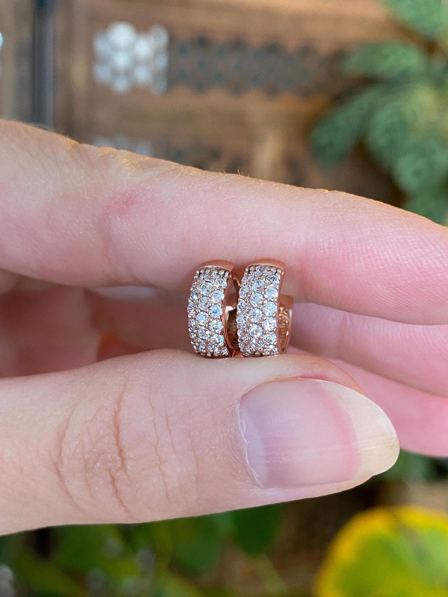 Vintage Solid 14k Rose Gold Clear Cubic Zirconia Huggie Hoop Earrings